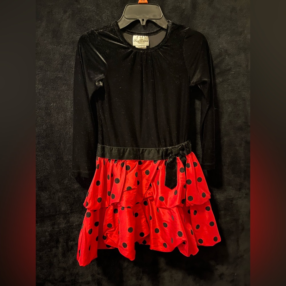 Girl’s Black velvet with red taffeta bottom and black velvet Polk a dots,